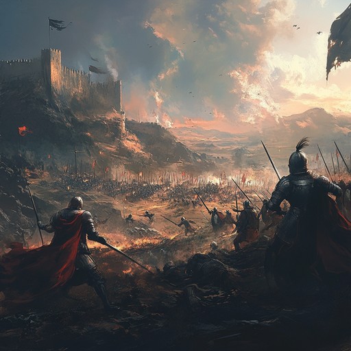 Step into the grandeur of an ancient battle scene with a symphonic composition rich with tension, bold brass, rapid percussion, and soaring strings that build to a heroic climax, evoking the valor and intensity of warriors in combat.