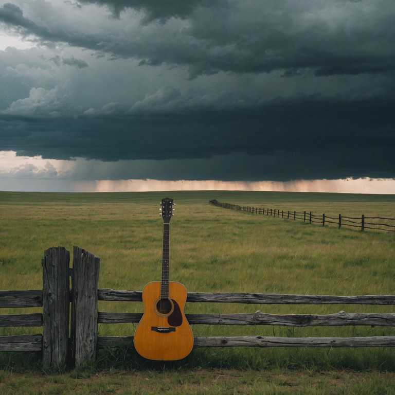 A single acoustic guitar delivers taut, sparse melodies that echo the tension of an impending storm in a vast, deserted prairie. The music builds gradually, mimicking the swirling winds and the weight of the oncoming tempest, creating a soundscape that is both haunting and exhilarating.