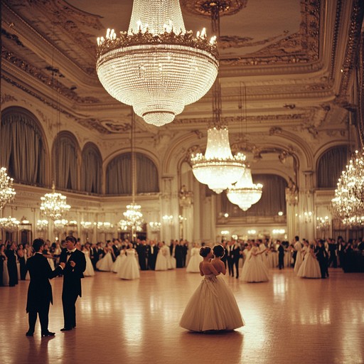 Experience the grandiose splendor of a viennese ballroom through a captivating waltz filled with thrilling turns and spirited grace, evoking timeless elegance and joy