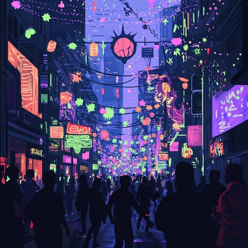 An energetic j pop instrumental featuring lively synths and catchy melodies, embodying the festive atmosphere of a bustling city night under glowing neon lights