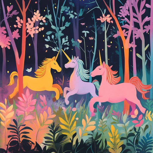 A lively, mystical composition capturing the essence of an enchanted evening where unicorns dance under shimmering stars with a whimsical and playful aura.