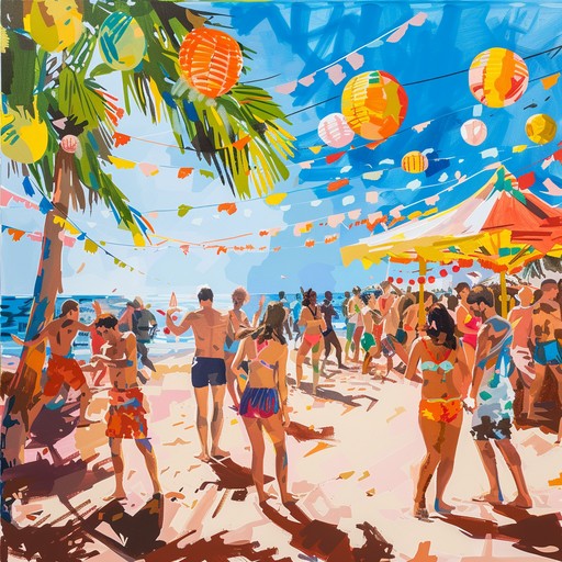 An electrifying mix of upbeat synths, groovy bass lines, and catchy rhythms creating an ideal soundtrack for a high energy beach party. It's perfect for capturing the essence of carefree summer days filled with dancing and fun.