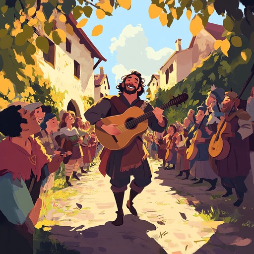 A lively instrumental showcasing whimsical lute melodies that evoke jovial exploits of a wandering minstrel in medieval times, blending playful rhythms with enchanting harmonies to create a light hearted and uplifting atmosphere.