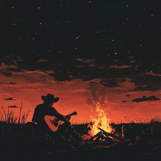 An evocative western instrumental piece, spotlighting the acoustic guitar to convey the quiet, reflective moments of a lone rider as the sun dips below the horizon. Gentle strumming and picking provide a contemplative atmosphere, immersing the listener in the vast, tranquil landscape of the old west.