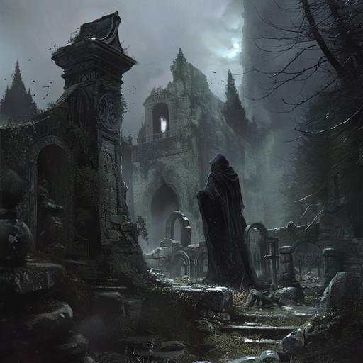 An eerie and atmospheric black metal composition that conjures visions of crumbling tombs, ancient curses, and forgotten souls. The track features ominous guitar riffs, blastbeat drumming, and haunting keyboard melodies, creating a sense of dread and despair as the listener is transported to a realm of darkness and decay.