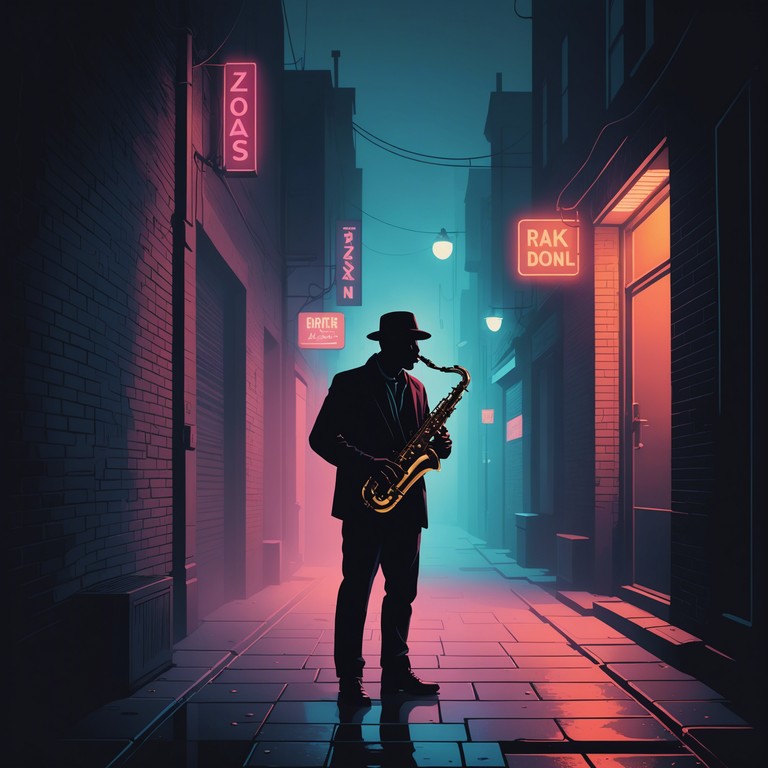 In this evocative piece, a lone saxophone echoes through damp, neon lit alleys evoking a sense of mystery and intimacy. The music builds a nocturnal atmosphere filled with whispers of past secrets and present desires, blending sultry tones with a haunting melody that lingers like the fog.