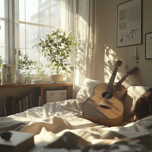 Imagine a peaceful sunday morning, soft sunlight entering the room. Gentle acoustic guitar strums create a cozy, carefree atmosphere, ideal for relaxing in bed. This mellow, lo fi bedroom pop instrumental encapsulates the bliss of a lazy start to the day.