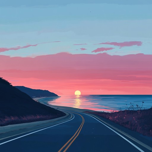 Imagine driving along a coastal road at dusk, the setting sun casting a warm glow over the ocean waves. Gentle, undulating synth patterns evoke a sense of peace and nostalgia, reminiscent of the 1980s new wave aesthetics, creating a dreamy, serene vibe perfect for unwinding.