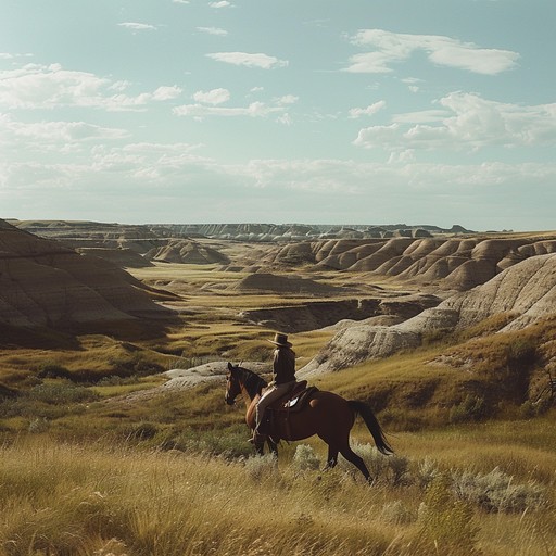 Picture yourself as a lone cowboy, slowly trotting through an expansive desert on horseback as the sun begins to set, casting long shadows across the barren landscape. Tumbleweeds blow past and vultures circle overhead, emphasizing the isolation and potential danger. A haunting whistling melody floats on the hot, dry wind, accompanied by the steady clip-clop of the horse's hooves and the jingle of spurs. Ominous twanging guitar notes ring out, warning of trouble on the horizon.