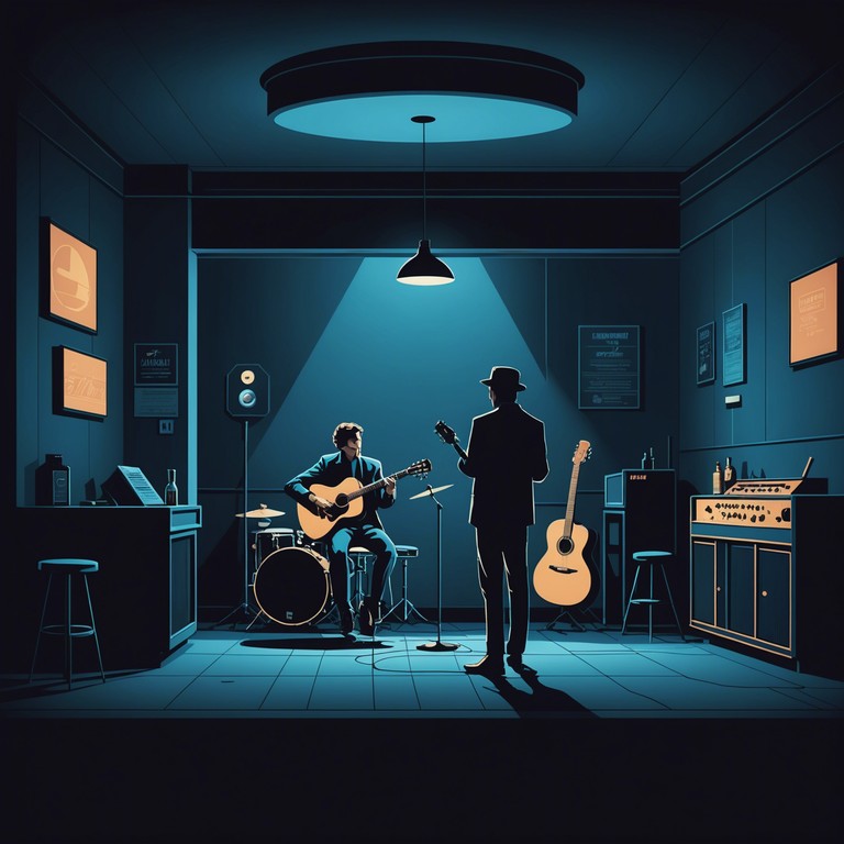 Imagine an intimate, smoky blues bar late at night, where a singular guitar player captivates the audience with deep, soulful melodies that speak to the heart's tales of love and loss. The music is slow, deliberate, rich in emotion, and seems to resonate with the whispers of lovers sharing secrets under the moonlit sky.