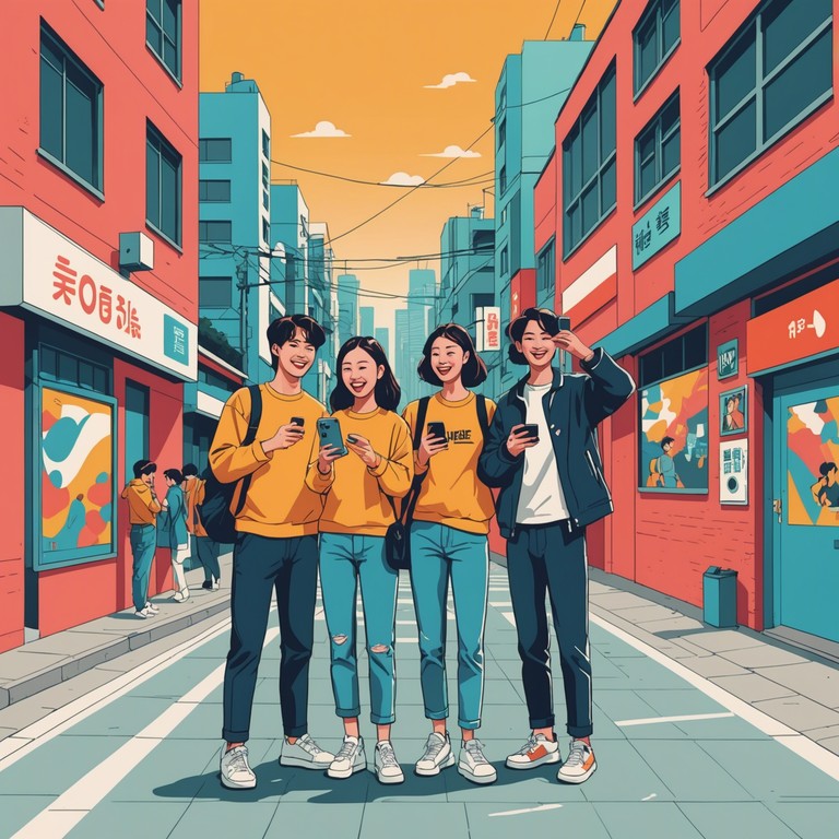 This track offers an uplifting k pop experience, rich with synthesizer beats and whimsical undertones designed to showcase the playful side of seoul's youth culture, evoking feelings of happiness and freedom.