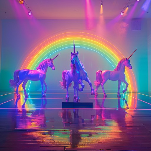 An enchanting disco piece that brings to life a playful and whimsical dance floor where unicorns prance under a vibrant rainbow. This track features bright, funky basslines, twinkling synths, and rhythmic beats that create an atmosphere of pure joy and magical energy.