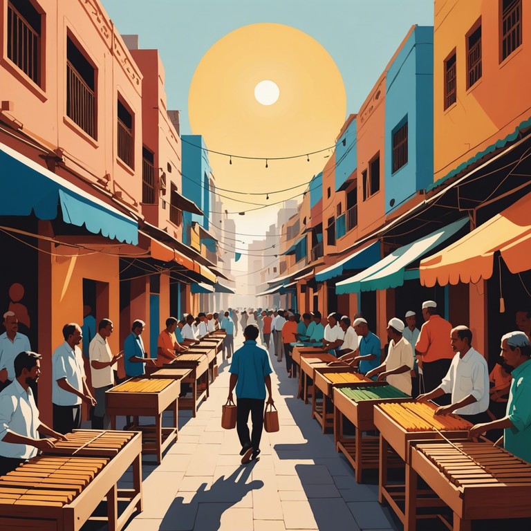 Embark on an auditory journey to a captivating and lively market scene where each note plays a vibrant color and every rhythm echoes the steps of the market goers.