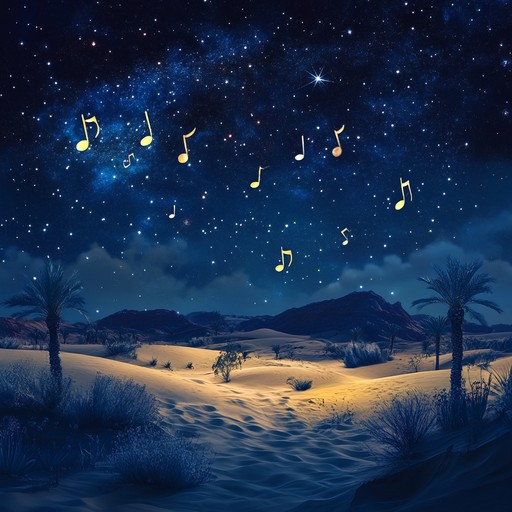 A captivating instrumental jingle blending middle eastern melodies with modern rhythms, evoking the enchanting atmosphere of a nighttime desert oasis.