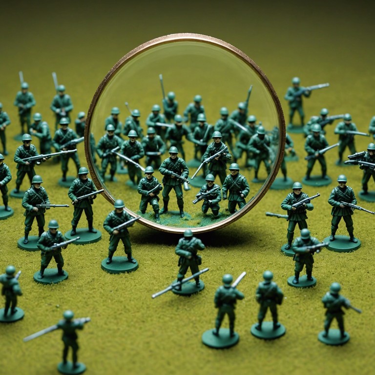 Imagine a vivid soundscape where tiny toy soldiers march valiantly across a fantastical battlefield, with every beat marking their progress in an epic clash of miniatures. The music combines playful electronic sounds with dramatic rhythmic sequences, mimicking the grandeur of a great battle on a whimsical, yet heroic scale. The juxtaposition of toy like sounds and epic composition produces a unique auditory experience.