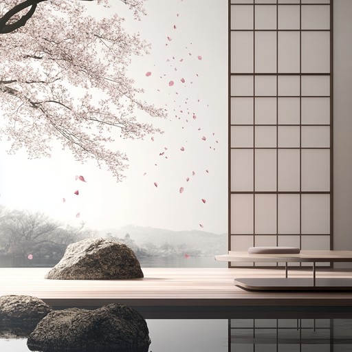 Soothing melodies played on the koto evoke the tranquility of cherry blossoms gently falling in a serene garden.