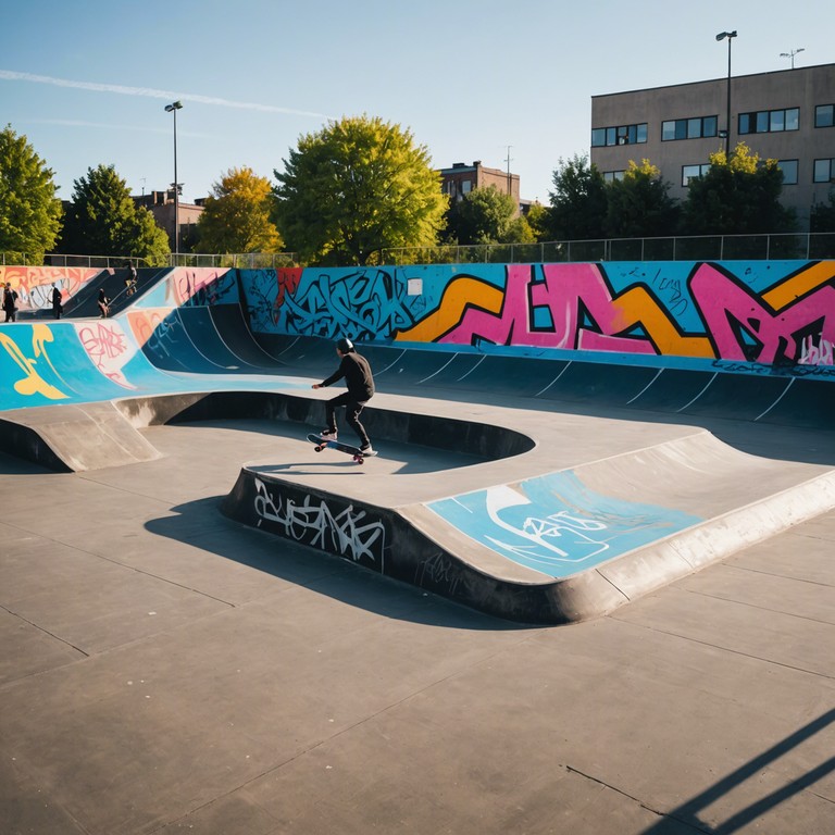 This track dives into a soundscape that merges the rebellious tones of rap metal with the carefree vibes of skateboarding culture, driven by vivid electric guitar riffs and a powerful rhythmic foundation, illustrating the adrenaline and freedom associated with urban skate parks.