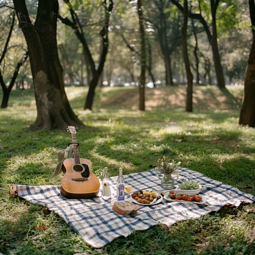 A joyful bossa nova composition, capturing the essence of a sunny park picnic. The acoustic guitar, accompanied by gentle percussion, sets the scene for a leisurely day outdoors, filled with laughter and the rustling of leaves.