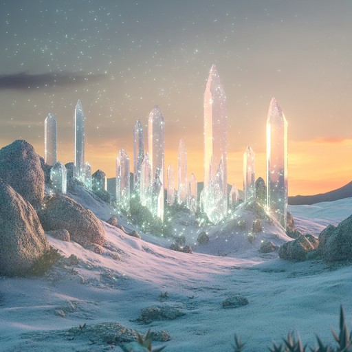 A tranquil voyage through a shimmering crystalline landscape, using gentle synthesizer tones and ambient textures to evoke a dreamlike, mystical atmosphere.