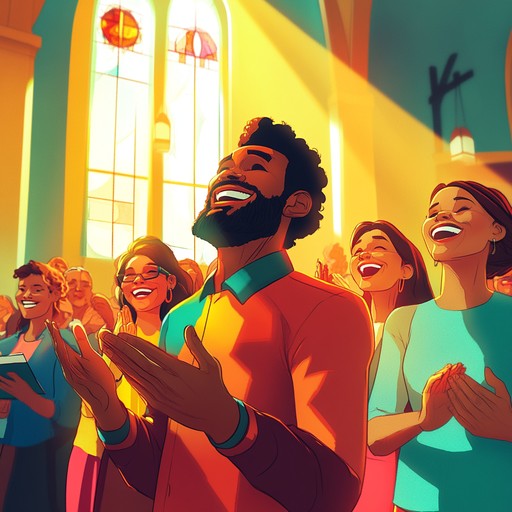 A spirited, upbeat gospel piece filled with enthusiastic choir harmonies, radiant organ chords, and dynamic clapping. It brings the listener to their feet, celebrating joy and community. The rhythmic beats create a sense of unity and elation, ideal for capturing the essence of gospel's uplifting message.