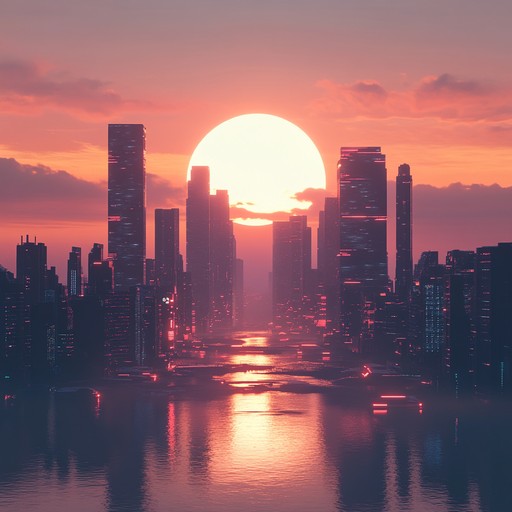 A soothing instrumental blending ambient synths with cyberpunk vibes, capturing the tranquility of a futuristic city's early morning.