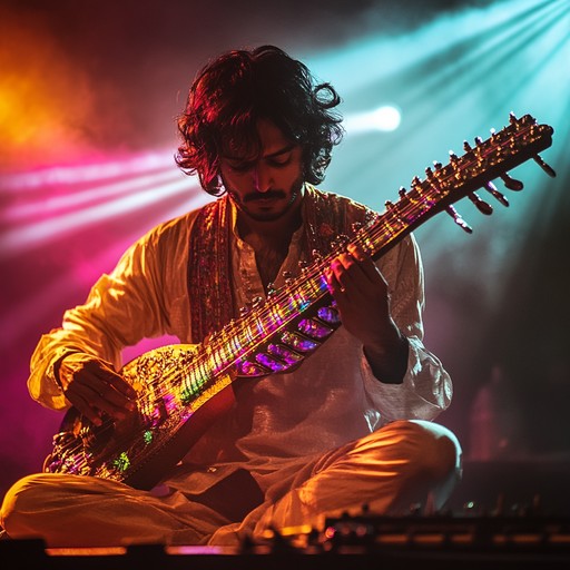 Embrace the mesmerizing blend of traditional indian raga with the powerful drive of rock. Electric sitar melodies weave intricate patterns over a base of gritty guitar riffs, pulsating bass lines, and dynamic drum beats. This track creates a captivating soundscape that is both rooted in ancient tradition and charged with modern energy.