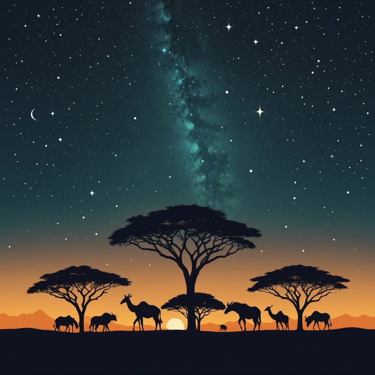 This track captures the essence of a mystical, star filled night in the african savannah, with traditional instruments playing under the cover of darkness, offering a both thrilling and unsettling musical experience.