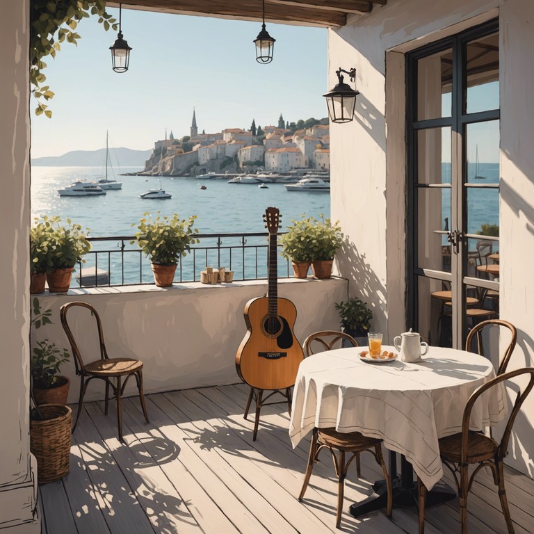 A musical portrayal of a serene seaside afternoon, where the gentle strumming of an acoustic guitar blends with the sounds of lapping waves and soft seaside winds, creating a beautiful backdrop for relaxation and daydreams.