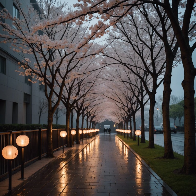 This alternative version emulates the delicate collision of urban life and nature’s simplicity, providing a soundscape that’s both calming and spiritually enriching under the backdrop of cherry blossoms sprinkled with rain.