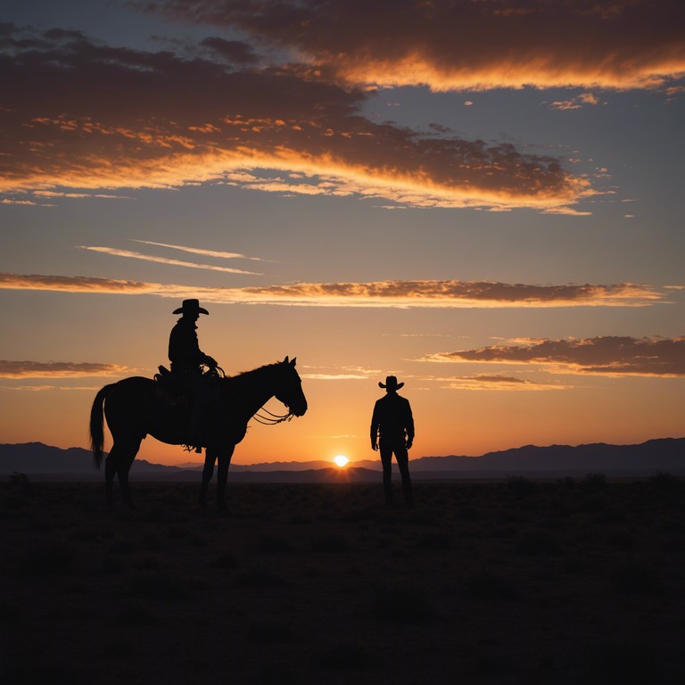 As the sun sets beyond the vast, dusty expanse, a lone cowboy on his weary horse treads along the rugged terrain. The soundscape captures the essence of solitude and the expansive mystery of the western wilderness. Soft strums of an acoustic guitar resonate with the whistling wind, creating a reflective, somber mood that tells tales of wandering souls and ancient lands whispered by the desert winds.