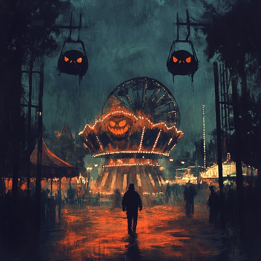 Picture a haunted carnival atmosphere captured in a composition where whispers and rhythms create a feeling of dread. The composition uses theatrical elements to craft an eerie stage scene, filled with haunting narratives and unsettling visuals. It embodies fear and suspense, keeping the listener uneasy.