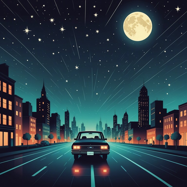 The track evokes a sense of driving through a neon lit cityscape at night, with shimmering synths and a steady, calming beat that mirrors the rhythmic passing of streetlights overhead. The atmosphere blends nostalgia with a touch of futuristic solitude as if cruising into a timeless journey.