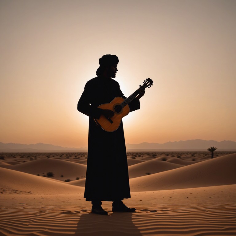 A mesmerizing blend of traditional middle eastern oud music intertwined with contemporary electronic ambience, creating a bridge between the past and present. This musical piece captures the essence of vast, mystical deserts meeting the rhythmic pulse of today's urban landscape.