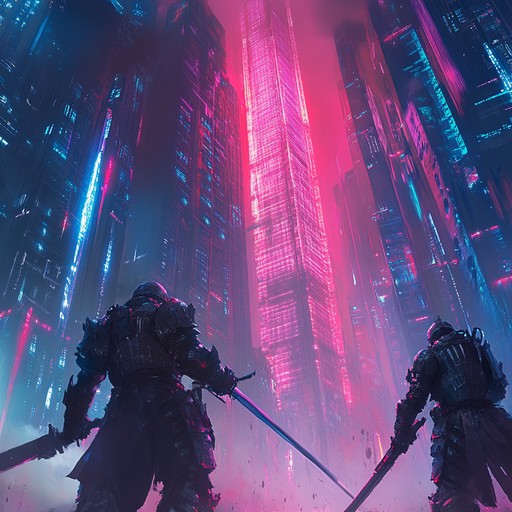 An instrumental cinematic piece blending powerful orchestral and electronic elements, portraying futuristic warriors engaging in an epic battle under neon lit skies. The track features intense rhythms, soaring melodies, and dynamic shifts, evoking excitement, bravery, and the high stakes of a technologically advanced battleground.