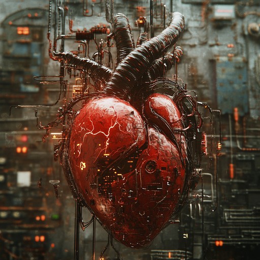 An instrumental piece that fuses heavy guitar riffs with electronic textures, depicting the awakening of machines in a futuristic landscape, delivering an intense and dynamic soundscape