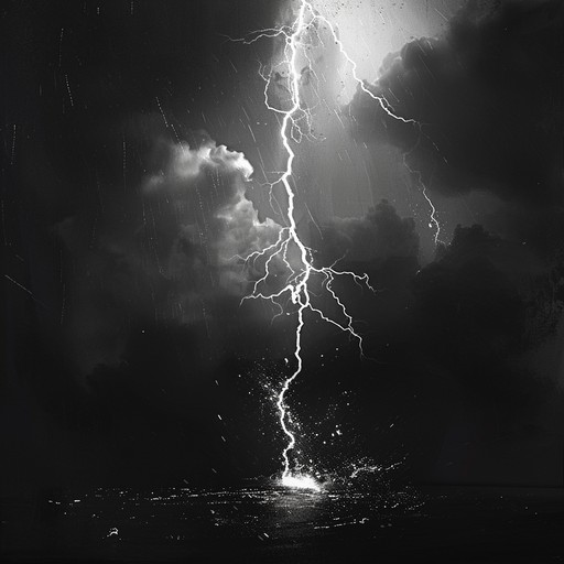 Imagine a dramatic scene set in a storm with lightning flashing across the sky, underpinned by powerful guitar solos and thunderous percussion, capturing the raw power of nature and the human spirit to overcome challenges