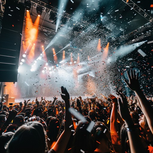 An intense celebration with powerful guitar riffs and hip hop rhythms, blending rap metal's aggression with uplifting and festive undertones. Picture an unstoppable party vibe where heavy guitar and energetic rapping unite to create an electrifying atmosphere.