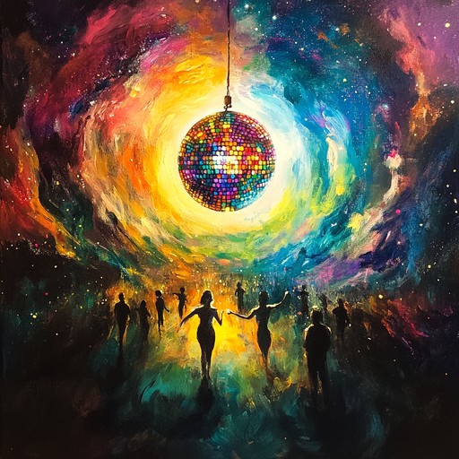 An instrumental disco track combining retro synths and modern electronic beats to create a euphoric atmosphere, transporting listeners to a cosmic dance floor amidst swirling galaxies and shimmering stars