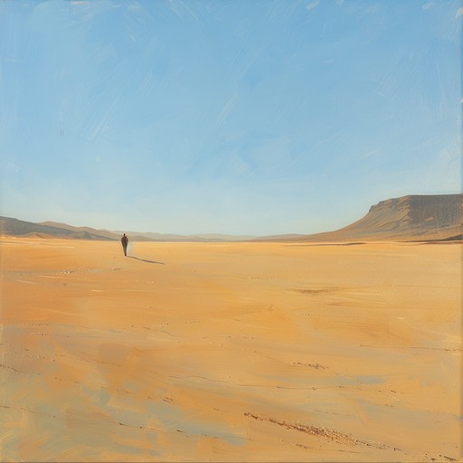 In the heart of an unforgiving desert, a lone cowboy stands under the high noon sun, his silhouette casting long shadows. The soundtrack captures the intensity of the landscape and the solitude of the wasteland, using a haunting electric guitar to underline the vast, open desolation and brooding atmosphere.