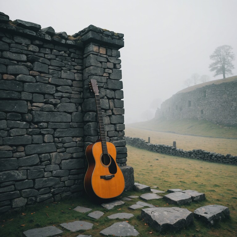 An acoustic guitar tenderly plays, each string whispering tales of forgotten realms and timeless whispers, grounding the listener in tranquil reflection and deep emotional connection.