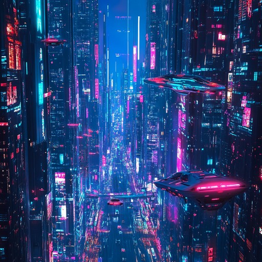 A powerful electronic track combining pulsating beats with cybernetic synth waves, creating an energetic and electrifying atmosphere akin to a neon lit futuristic metropolis