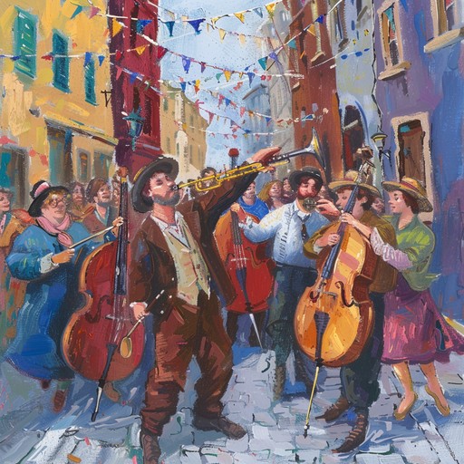 This vibrant instrumental piece captures the essence of jewish celebrations, merging traditional klezmer sounds with contemporary orchestration. The clarinet leads with spirited melodies, supported by lively percussions, creating an atmosphere of communal triumph and joyous festivity.