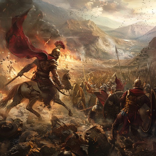 A powerful, dramatic orchestral piece depicting a decisive battle between two great ancient empires, with a focus on the intensity and scale of the conflict
