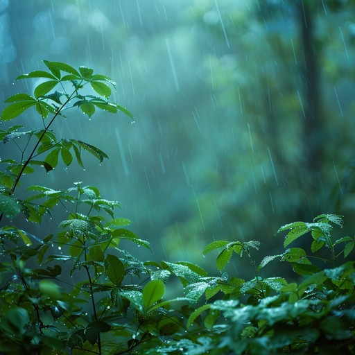 Visualize a peaceful forest bathed in soft rain, blending soothing sounds from diverse musical traditions to create a harmonious and calming experience.