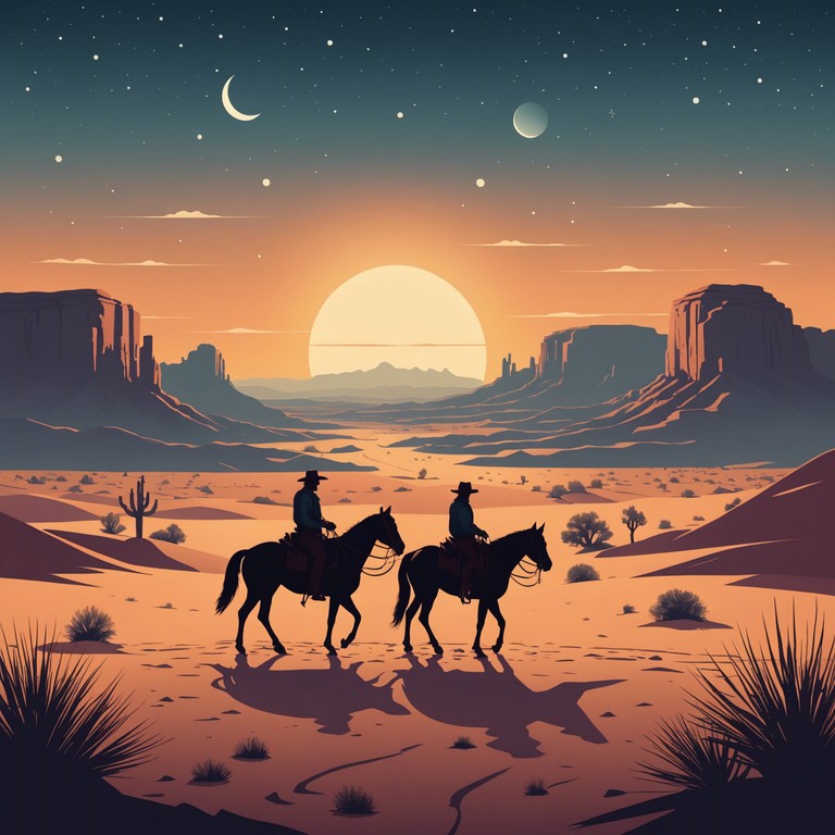 As the sun sets over the horizon, soft guitar strings pluck a soul stirring tune, portraying a peaceful yet poignant ride through the twilight. This track perfectly captures the essence of a reflective journey, blending western musical elements with a gentle, contemplative mood.