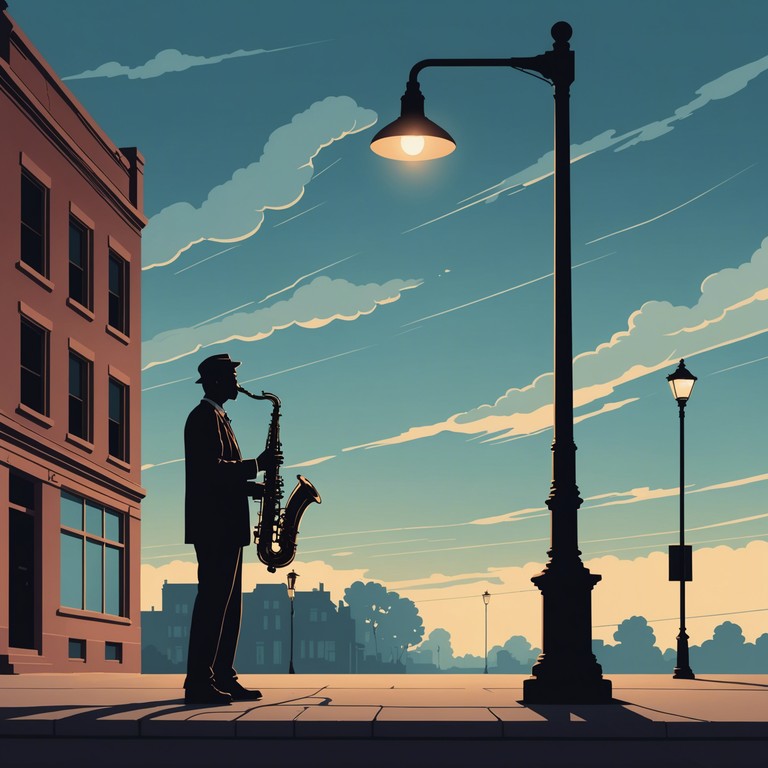 Picture a busy city slowly settling down as the night deepens, with the gentle echo of a saxophone resonating through the calmly dimming streets, inviting passersby into a world of introspection and peace.