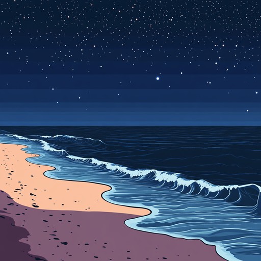 A soothing synth driven track that captures the essence of standing by a quiet shoreline at midnight, with waves gently caressing the sand under a starlit sky.