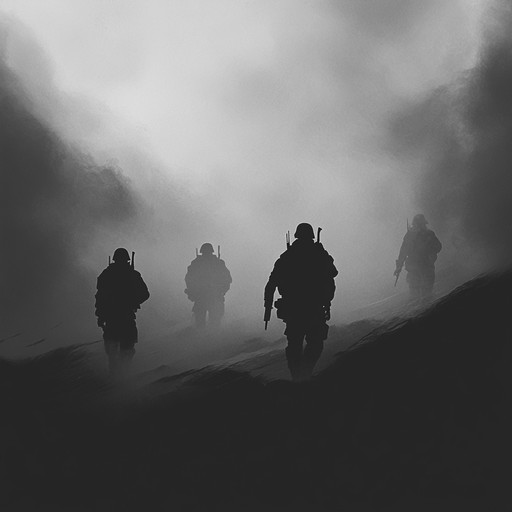 An instrumental track that captures the haunting footsteps of spectral soldiers marching through desolate battlefields, with an eerie atmosphere created by solemn drums and haunting melodies.