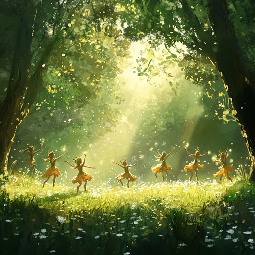 A lighthearted tune capturing whimsical elves dancing gleefully in sunlit meadows.