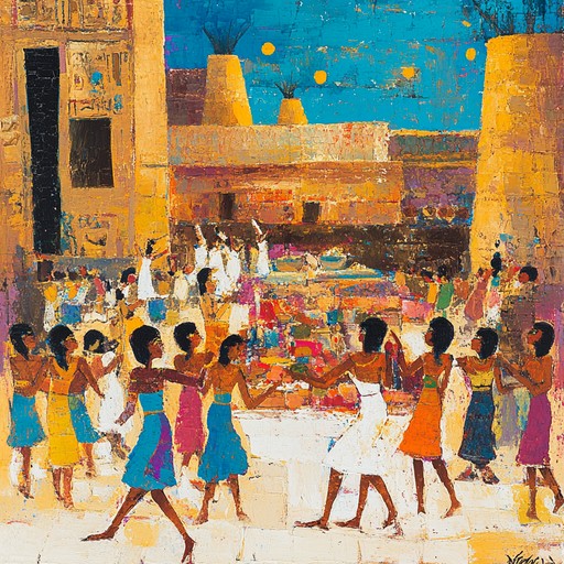 A delightful blend of ancient egyptian melodies, paired with upbeat rhythms to evoke the lively atmosphere of a pharaoh's banquet. The track employs traditional egyptian instruments to carry the listener through a dance that could have been performed in the courts of giza, filled with cheer and royal gaiety